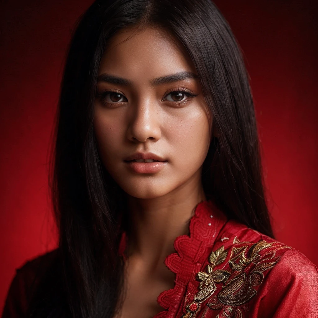 "masterpiece, ultra-realistic, 20 years old, 8k, hd, Sweet beautiful girl Indonesia, black hair, very long hair, straight hair, closed mouth, girl, detailed front face, Very beautiful woman's face, java traditional dress, black background, looking to viewer, 85mm lens, cinematic light"