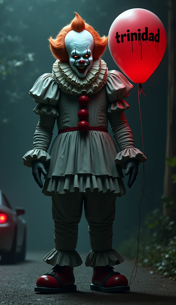 Pennywise the Clown with a floating balloon and a tail light. The balloon has the word written on it "trinidad"