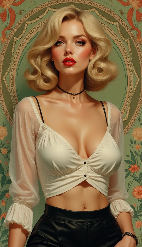 ((artwork)), (Best Quality) photorrealistic , secretary, beautiful woman, good humor, top-less ,beautiful round breasts, big breasts, camisa e saia estilo secretary sexy,micro panties , nice legs, glasses Show your neck, bare shoulders ,show navel, large eyes, far, Thick Eyelashes, full lips, dark red eyes, blond hair far and thick, short black hair, Intricate designs and patterns in the style of Alphonse Mucha ,Art Nouveau watercolor painting