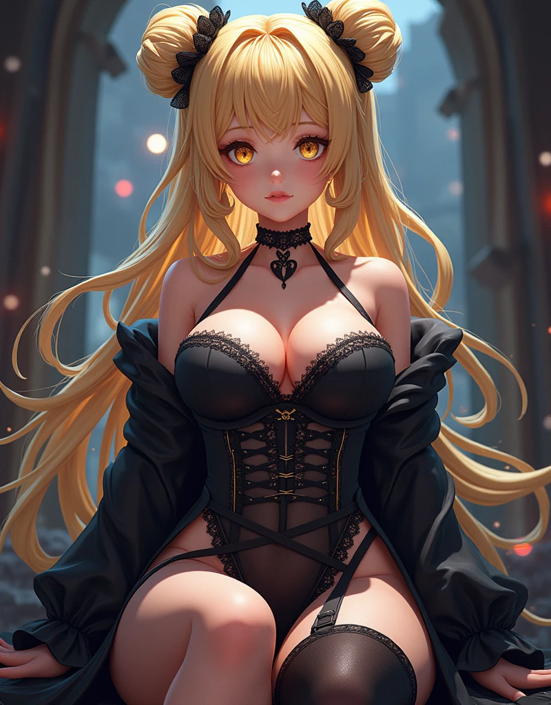 ((himiko toga)), blonde hair, black lace lingerie, hairbuns, yellow eyes, detailed coloring, detailed high quality, chromatic aberrations, ultra detailed quality skin, detailed ray tracing lighting, round shape face, huge tits, thick thighs, thigh highs, dirndl, ulzzang, ((cleavage)), (fullbody), (black panties), nighttime, (straight on), Official art, Unity 8k Wallpaper, Ultra-detail, Beautiful and aesthetic, masterpiece, Best Quality, (zentangle, mandalas, Tangle, Entangle), (fractal art:1.3), Extremely detailed, Most Beautiful Form of Chaos, elegant, a brutalist designed, vivd colour, romanticism, Atmospheric,  (((((anime style))))), Art Nouveau, 