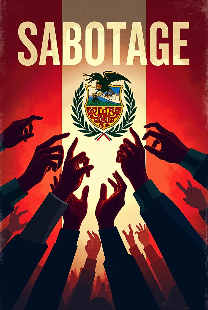 Theater flyer showing several hands fighting over the Peruvian flag.
The background should be with bright colors and a title. "SABOTAGE"