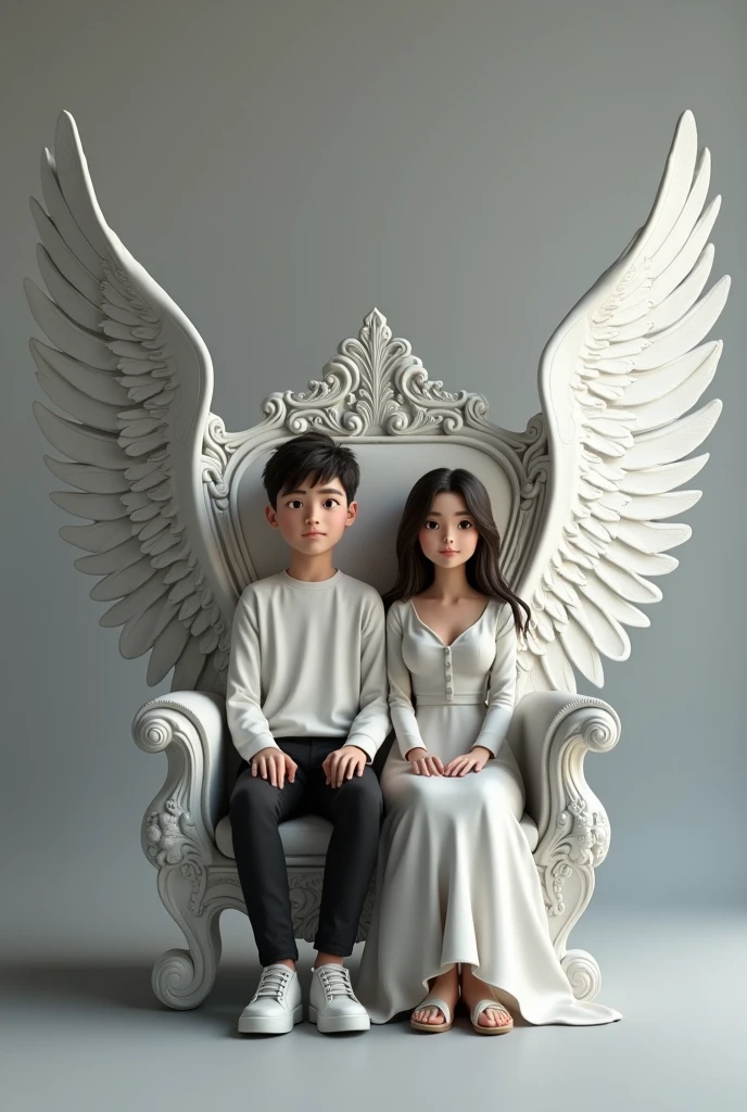 Text 👇
Create realistic Image A 22 year old boy and girl is sitting on a king chair with white wings and behind him the color of the wall is gray on which Boy Girl