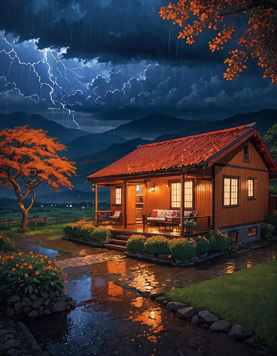 Creates a tranquil rural scene under the summer drizzle.. A cozy cabin with a red roof under an orange tree.........        stones         lighting       The sky is full of drama., The billowing clouds are bright orange and, Sunlight shining through, In contrast with the dark blue rain clouds..
