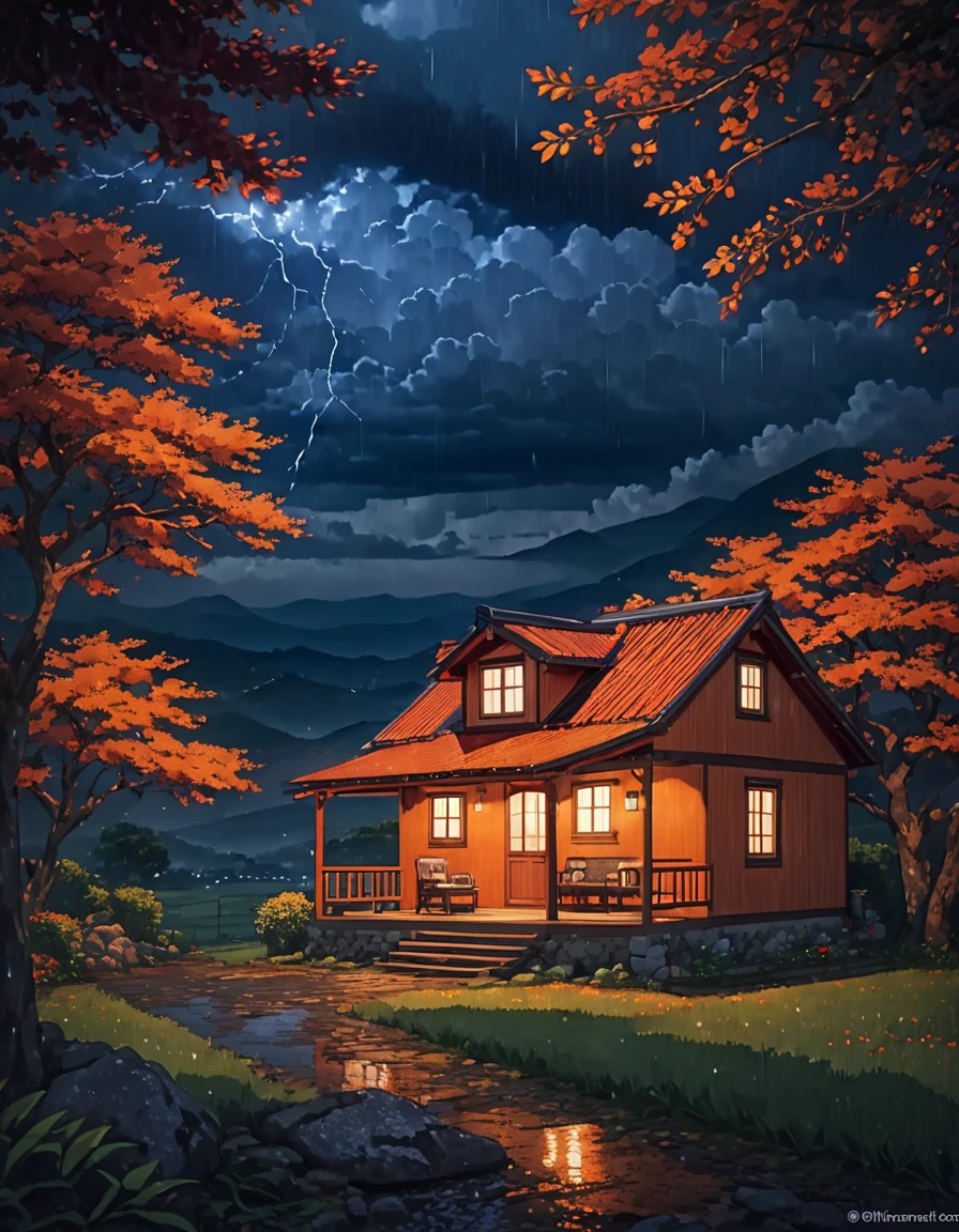 Creates a tranquil rural scene under the summer drizzle.. A cozy cabin with a red roof under an orange tree......... stones lighting The sky is full of drama., The billowing clouds are bright orange and, Sunlight shining through, In contrast with the dark blue rain clouds..