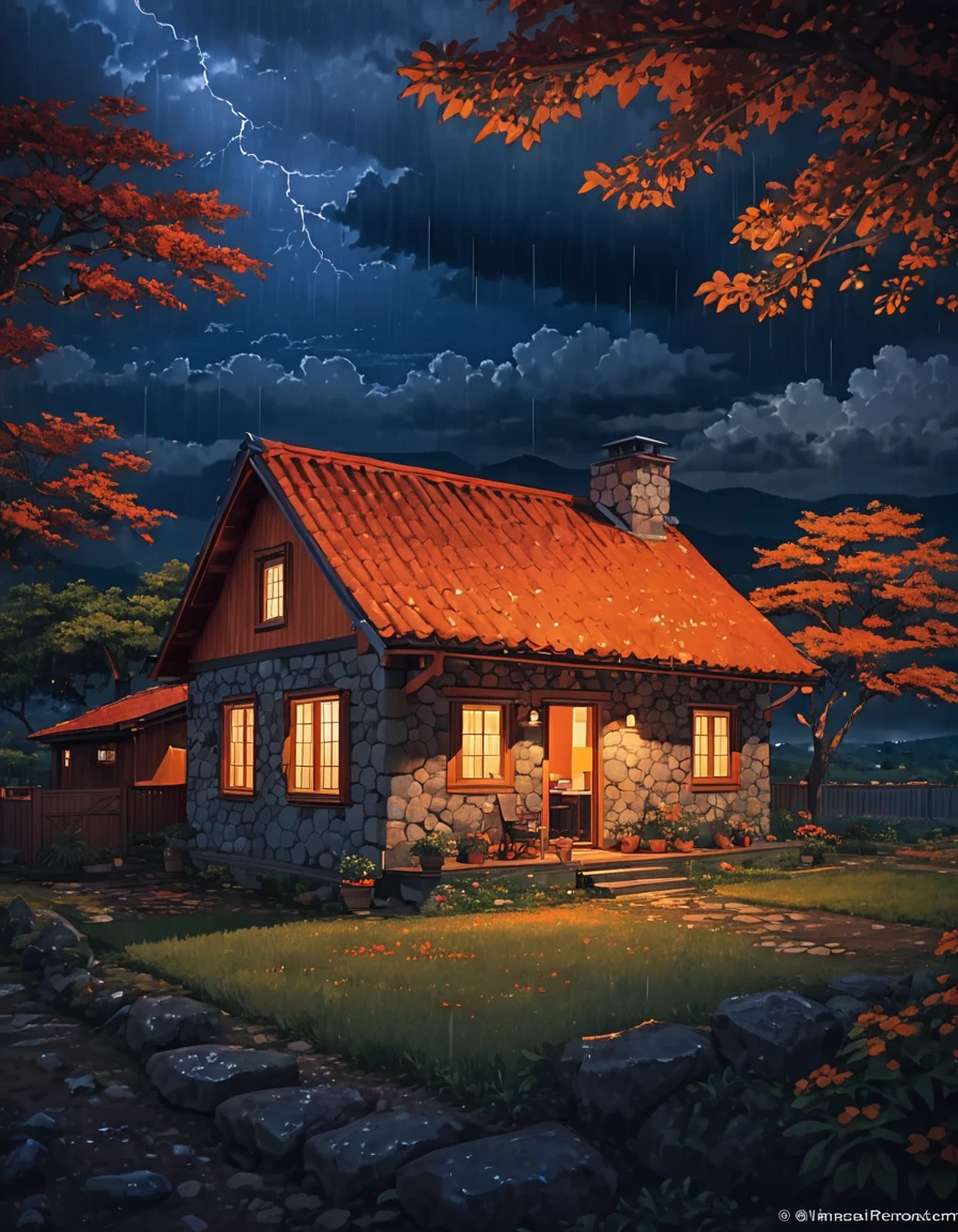 Creates a tranquil rural scene under the summer drizzle.. A cozy cabin with a red roof under an orange tree......... stones lighting The sky is full of drama., The billowing clouds are bright orange and, Sunlight shining through, In contrast with the dark blue rain clouds..