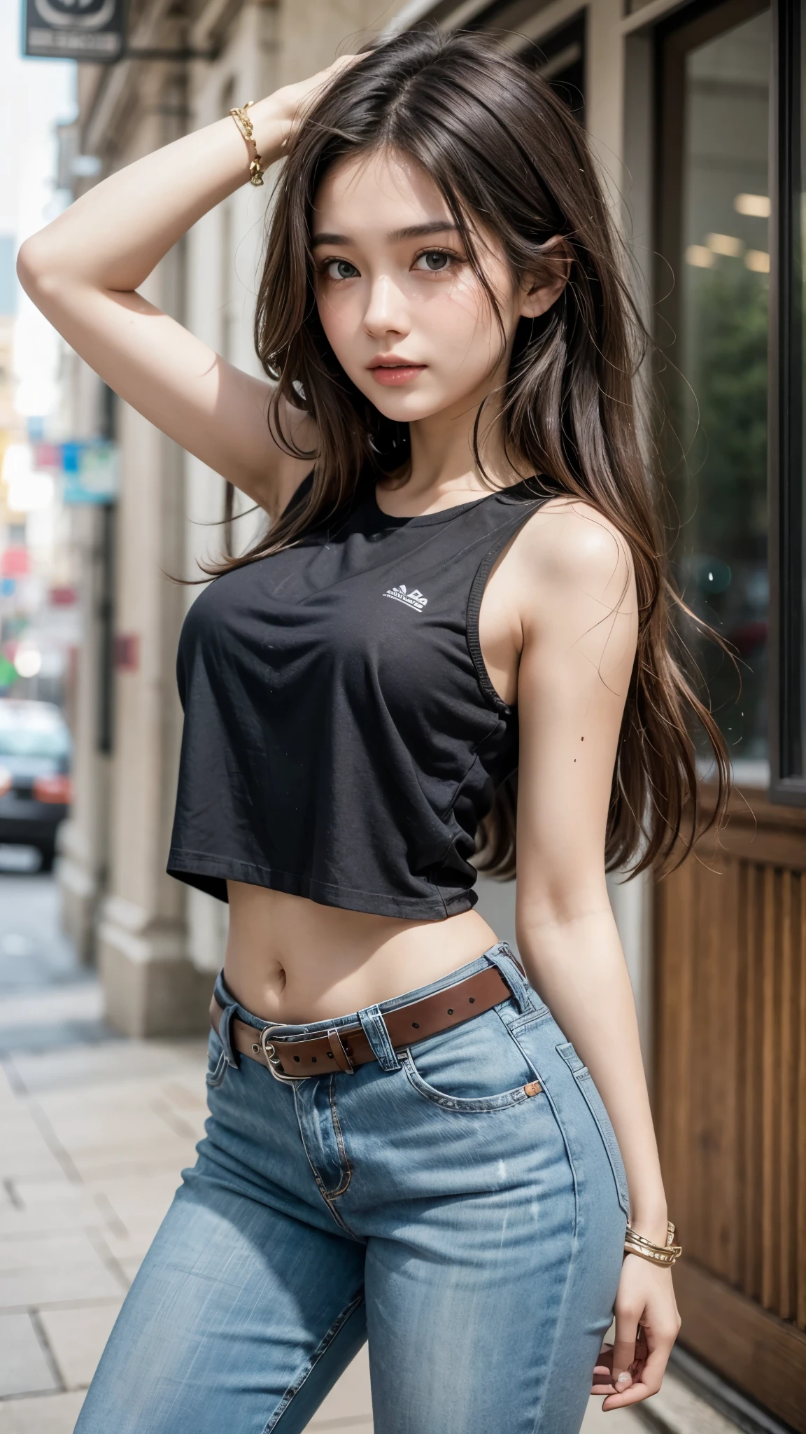 Beautiful 18-year-old brunette girl with a Brazilian face wearing a black t-shirt and high-waisted jeans with a belt showing off her T-shaped belly button and thick legs, and her hands on her head.