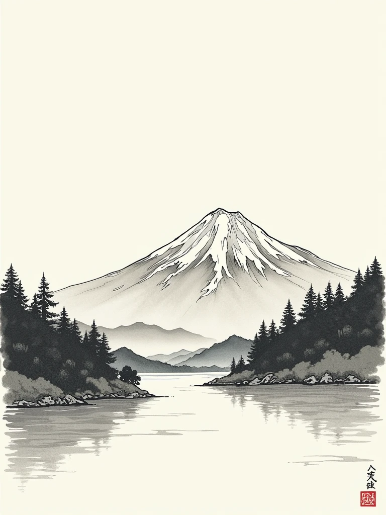 landscape,Fuji Mountain,Ukiyo-e, Line drawing simple background,