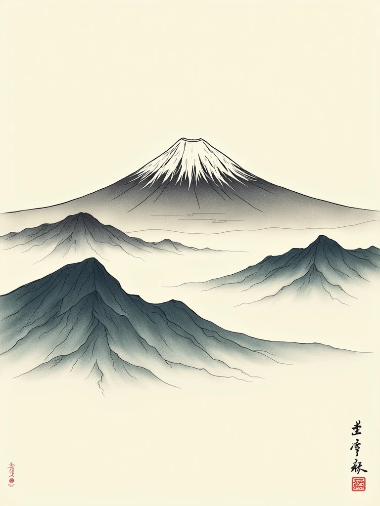 landscape，Fuji Mountain，Ukiyo-e, Line drawing simple background, 