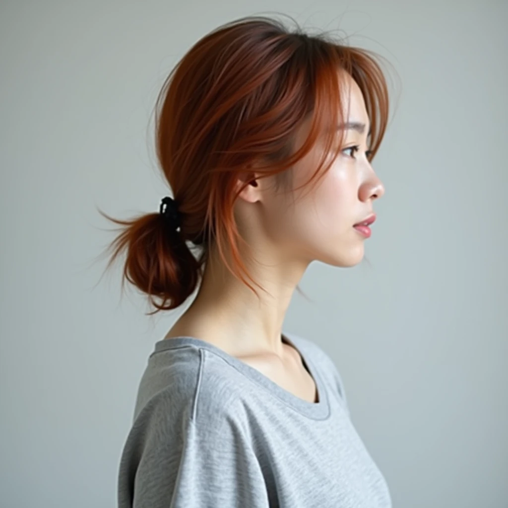 Light gray back A Japanese woman in her late 20s with thin reddish hair wearing a T-shirt.