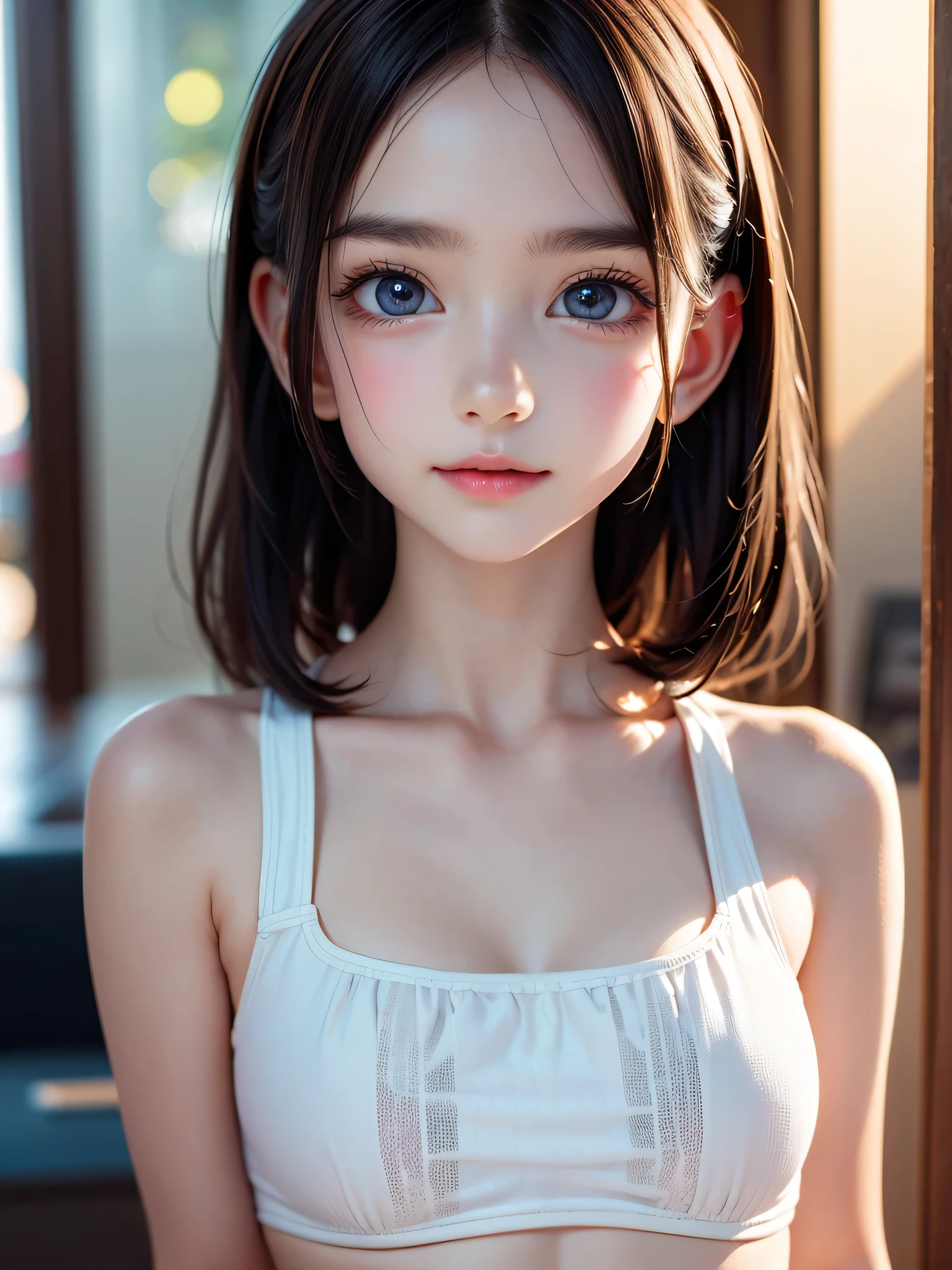 (masterpiece, highest quality:1.4), 8k, 85mm, official art, disorganized, (down blouse:1.2), (From above:1.1), violaces, cute face, beautiful eyes, camisole, Upper body, looking at the viewer, short hair, bangs, small head, (smile:0.6), sharp focus, face light, dynamic lighting, cinematic lighting, dramatic shadow, perspective, Depth of the bounds written, High resolution, super detailed, finely, very detailed, detailed eyes and face, sharp pupils, real students, simple background, small waist, flare skirt