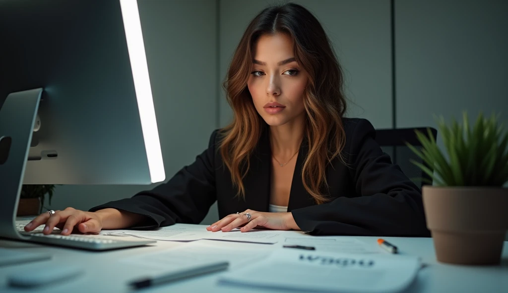 portrait of Gigi Hadid, sitting at a desk with a computer and many documents on it, professional image, professional picture, high quality portrait, photo portrait, an epic non - binary model, professional portrait, photo still, color portrait, creative coder with a computer, cinematic lens , photography , her face is grimace, looking at documents,