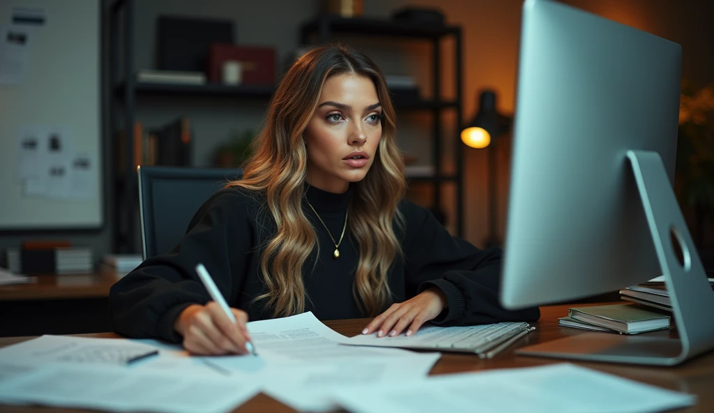 portrait of Gigi Hadid, sitting at a desk with a computer and many documents on it, professional image, professional picture, high quality portrait, photo portrait, an epic non - binary model, professional portrait, photo still, color portrait, creative coder with a computer, cinematic lens , photography , her face is grimace, looking at documents,