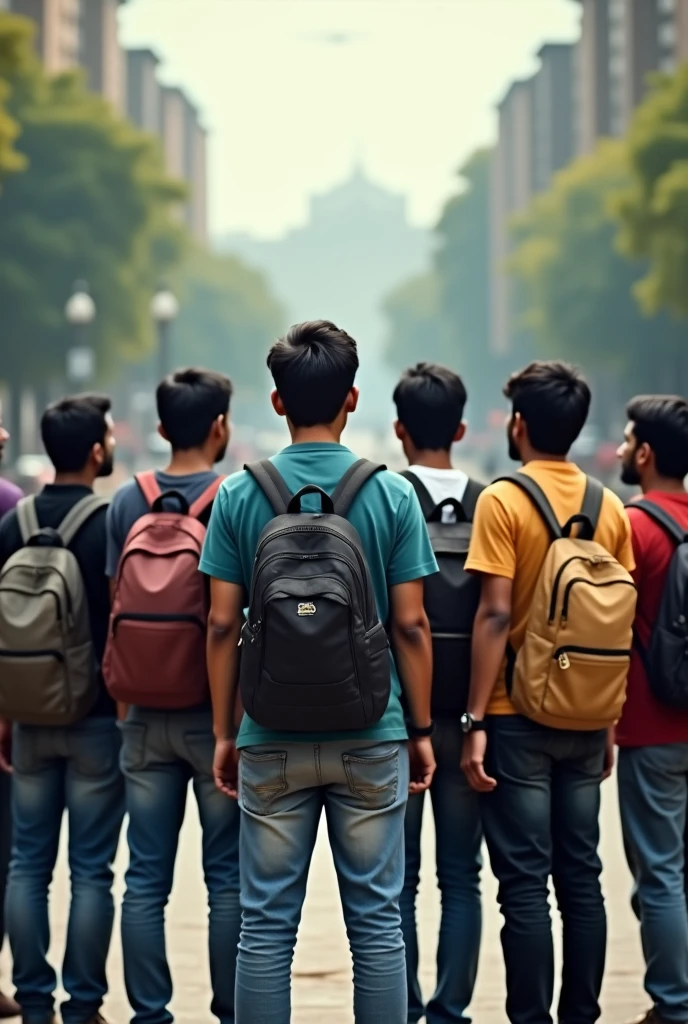 Sevent Indian Collage Boys .Their Backs are only shown .They are protesters. MAKE ASPECT RATIO OF 16:9.