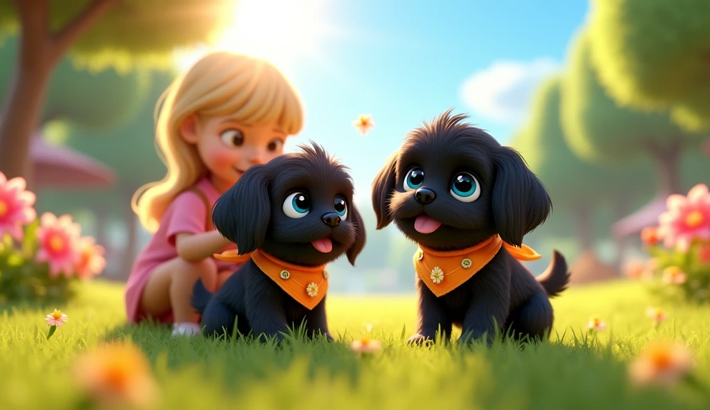 2 adorable black shih tzu puppies with big blue eyes wearing bright collars and bandanas holding sunshine at dog parf, cute blonde girl 3D Pixar style