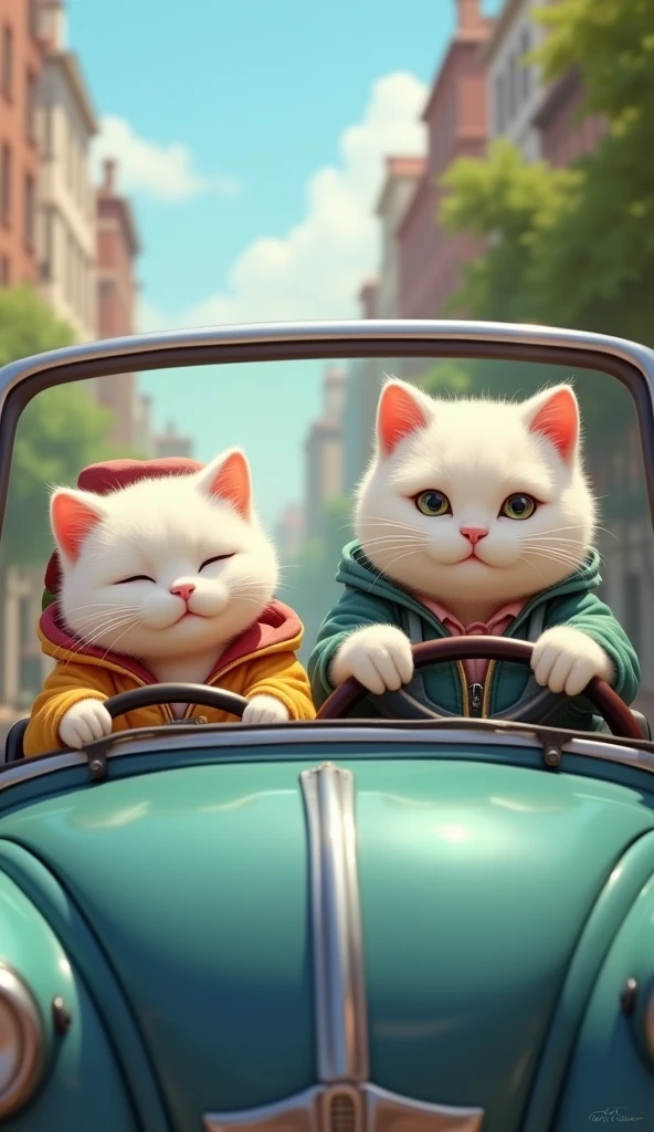 A pair of cute chubby white cats are in a car, with the male cat behind the wheel, concentrating on driving, while the female cat sits beside him, looking relaxed and pampered. Both cats are dressed in casual, human-like clothing, giving the scene a charming and whimsical vibe as they enjoy their drive together. camera position in front of car, location in city street.