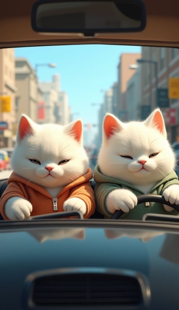 A pair of cute chubby white cats are in a car, with the male cat behind the wheel, concentrating on driving, while the female cat sits beside him, looking relaxed and pampered. Both cats are dressed in casual, human-like clothing, giving the scene a charming and whimsical vibe as they enjoy their drive together. camera position in front of car, location in city street.