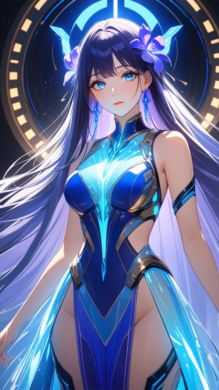 8K, Ultra HD, Masterpiece, 1 girl, exquisite face:1.5), very long hair, strait hair, detailed eyes, ultimate details, wearing transparent science fiction clothes, blue clothes, (glowing clothes:1.4), amazing magnificence, LED Internal lighting, glowing iris, glowing iris,