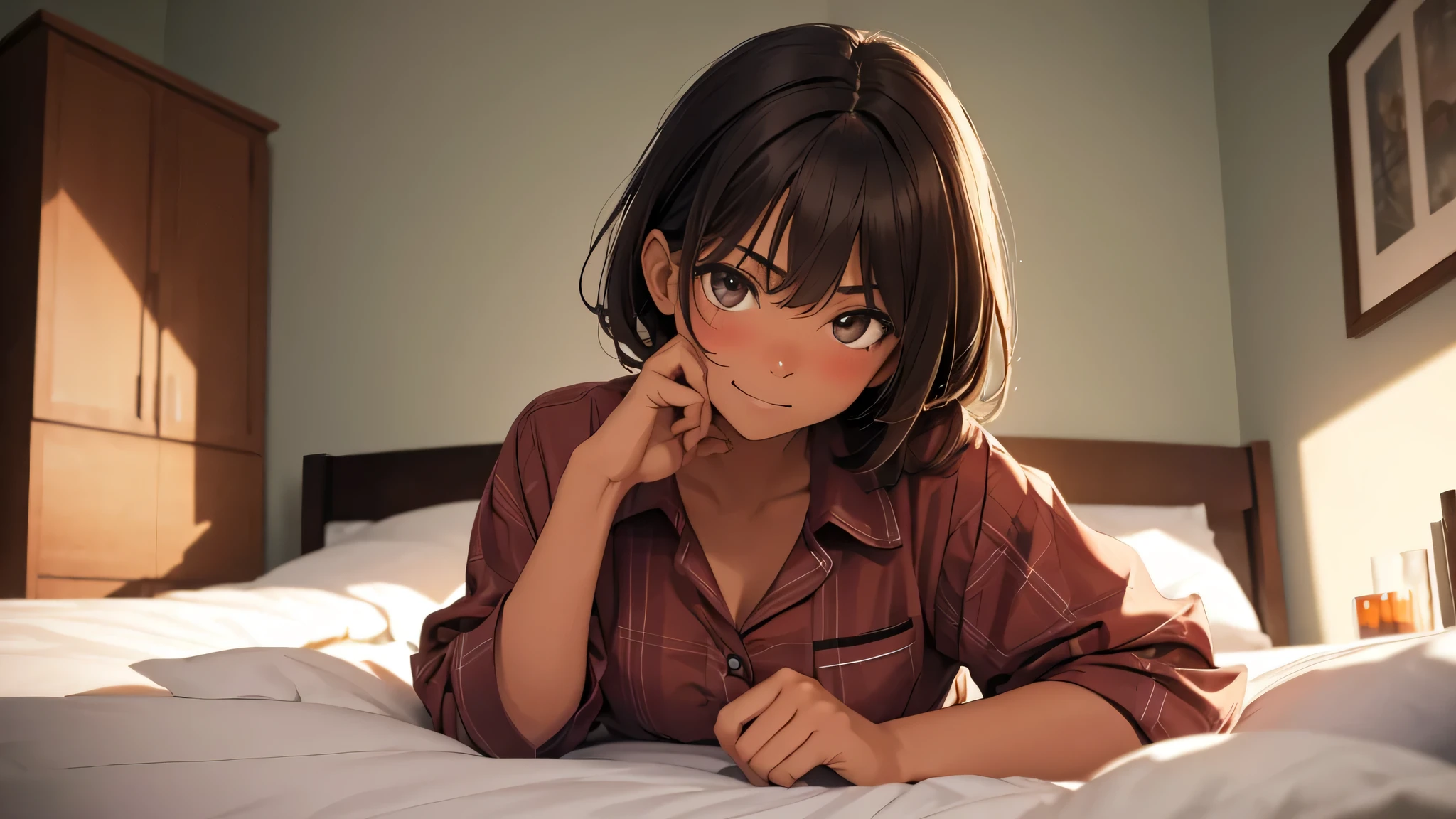 (((Masterpiece, highest quality, high definition, high detail)))), (((modern))) Best god quality, SOLO, SINGLE GIRL, no one in background, solo girl, detailed, a room background, (single girl laying on bed) 1girl, tomboy, dark skin, short brown hair, brown hair, hazel eyes, eyelashes, smug expression, pajamas, booty shorts, oversized shirt, laying down, looking at viewer, facing viewer, smirking stare, blushing, hands undercover, laying in bed, (((SOLO))), (girl in middle standing)