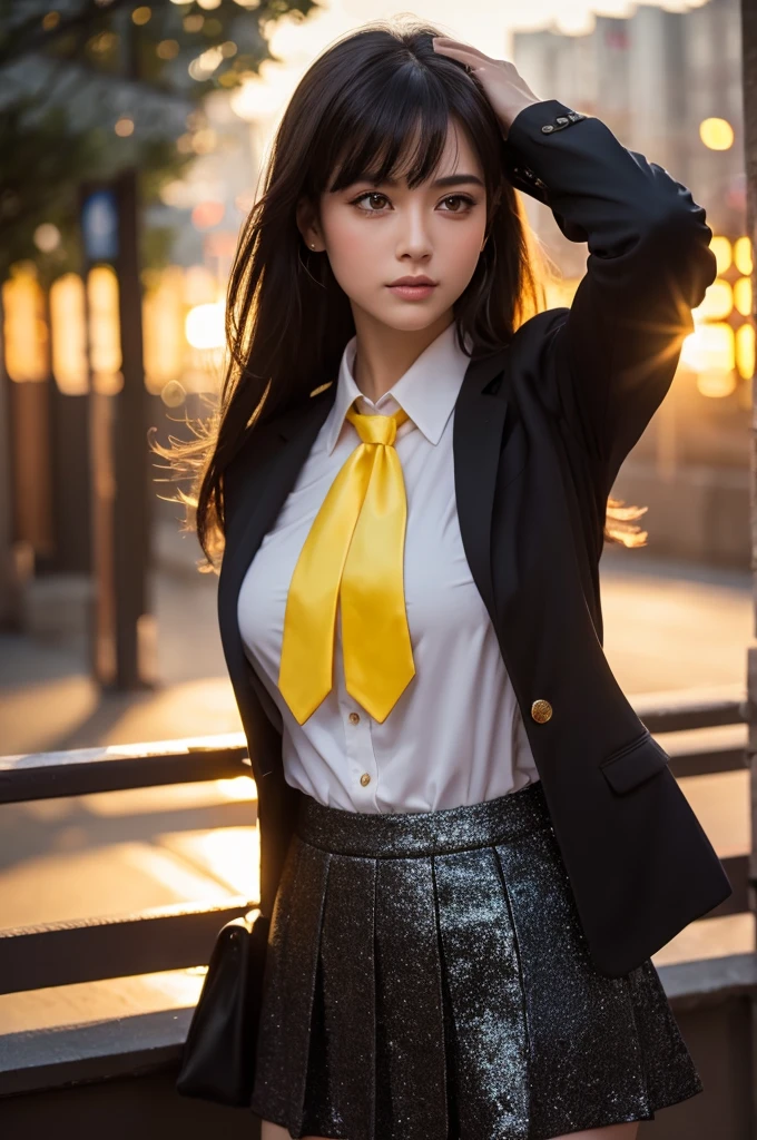 One person, Intricate details, masterpiece, Highest quality, Very detailed,Cinema Lighting, Beautiful sparkle, Beautifully detailed face and eyes, 8k, Dark intense shadows, Yellow Eyes, Medium Hair, Black Hair, bangs, Floating Hair, Black jacket, Open jacket, White shirt, Expressionless, Yellow tie, Black Skirt, Spotlight, sunlight, sunrise, Gradient Sky, city, Lens flare, Cowboy Shot, [[Curvy]], [Mature Woman]