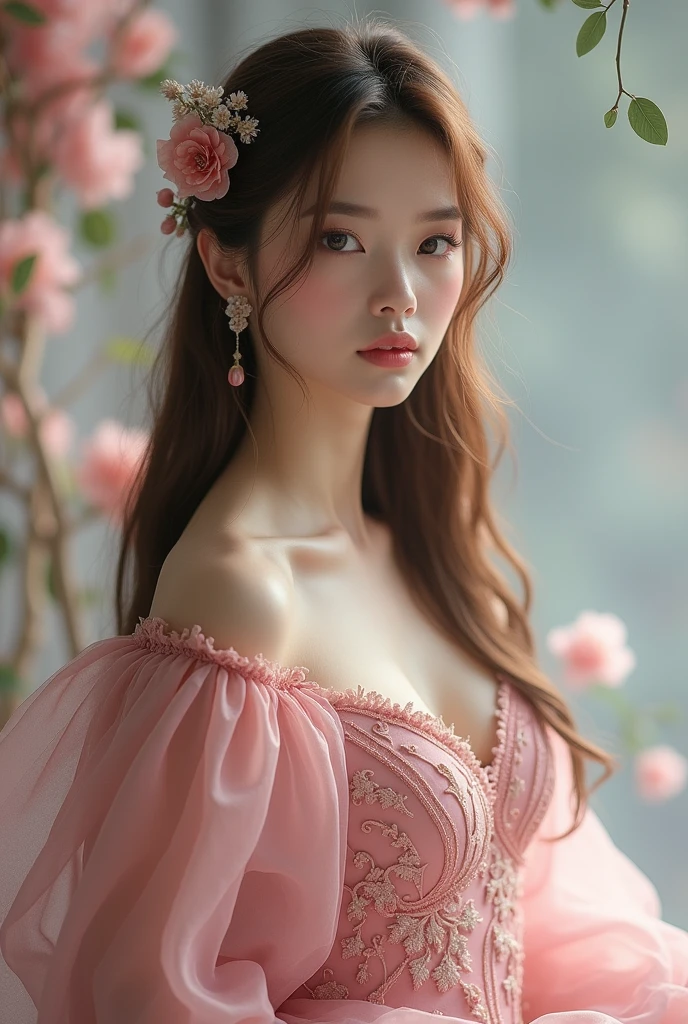 One with straight brown hair, wearing a pink princess dress, with slightly slanted eyes, thick lips