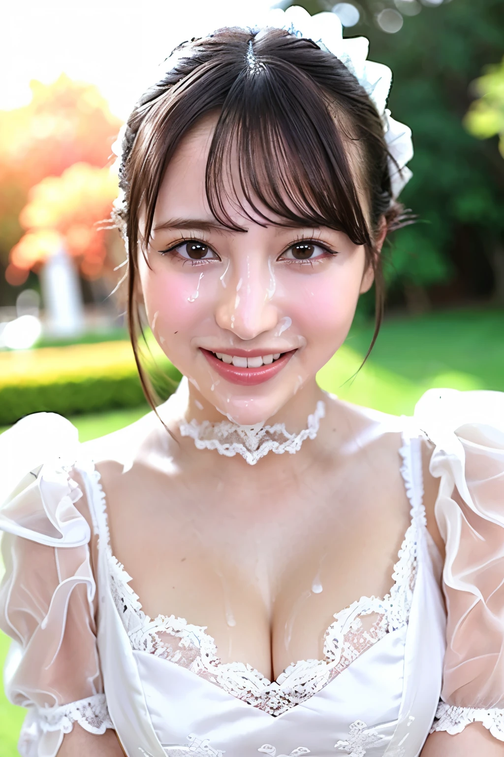 (Highest quality、masterpiece、8k、Best image quality、Hyperrealism、Award-winning works)、(nose:1.2)、(White short-sleeved shirt with elegant lace and frills:1.2)、Large Breasts、(Beautiful and elegant park background:1.4)、(Beautiful sunny sky:1.1)、(Beautiful cumulonimbus clouds:1.1)、(Standing Elegantly:1.1)、Accurate anatomy、Perfect Makeup、Long eyelashes、Glossy Lips、Ultra HD glossy skin、(Ultra-high resolution, bright and beautiful skin:1.1)、(very bright and vivid:1.1)、超高精細のGlossy Lips、Ultra-high resolution beautiful teeth、(very bright and vivid:1.1)、(Semen-covered face:1.5)、Close-up of face