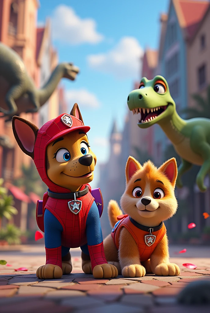 A party panel in the Spiderman theme, with Paw Patrol dogs dressed in Spiderman costumes, The dinosaurs in the background watching 