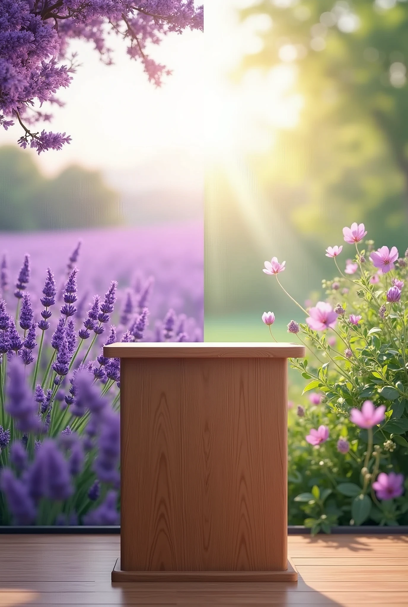 a podium have half view of lavender field & half view of spring breeze (Ratio 1:1)