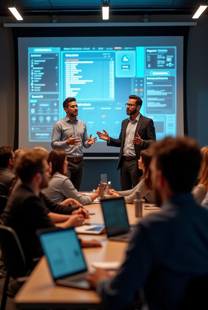 make a photo of 2 male teachers presenting a seminar of technology in audio visual board. Add a foreground of few people sitting and attending the seminar.