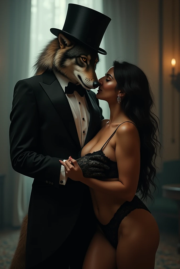 A wolf wearing a tuxedo and hat hugging a beautiful woman with large breasts in lingerie and big round buttocks.
