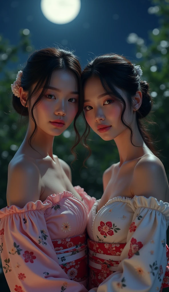 (2girl:1.5), Beautiful girl of the highest grade, Open mouth slightly, Realistic, extremely detailed CG unified 8k wallpaper, ighly detailed, High-definition raw color photos, professional photograpy, Realistic portrait, Cinematic Light, Beautiful detailed, (Big breasts:1.5), (cleavage of the breast:1.2), (Bare shoulders), (Floral yukata with wide open chest:1.5), bared chest, Outdoors, Night, (Best Quality:1.4), Super Detail, High quality, masterpiece