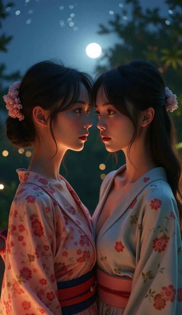 (2girl:1.5), Beautiful girl of the highest grade, Open mouth slightly, Realistic, extremely detailed CG unified 8k wallpaper, ighly detailed, High-definition raw color photos, professional photograpy, Realistic portrait, Cinematic Light, Beautiful detailed, (Big breasts:1.5), (cleavage of the breast:1.2), (Bare shoulders), (Floral yukata with wide open chest:1.5), bared chest, Outdoors, Night, (Best Quality:1.4), Super Detail, High quality, masterpiece
