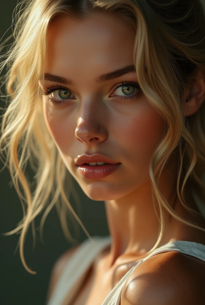 Face of a woman with blonde hair, light green eyes, sexy mouth