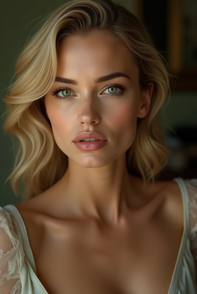 Face of a woman with blonde hair, light green eyes, sexy mouth