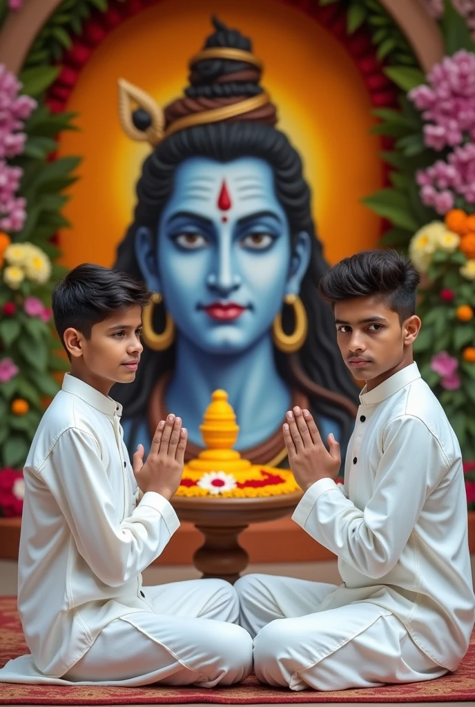 A Indian two young brother, both 20 years old, are seated and praying in front of a Shivling adorned with flowers and belpata (green leaves). Behind them, and they are looking at front of camera there's a floral board with an image of Lord Shiva. They Both are wearing a white kurta , Both of them have stylish hair and look very cute, enhancing the spiritual or religious ambiance.