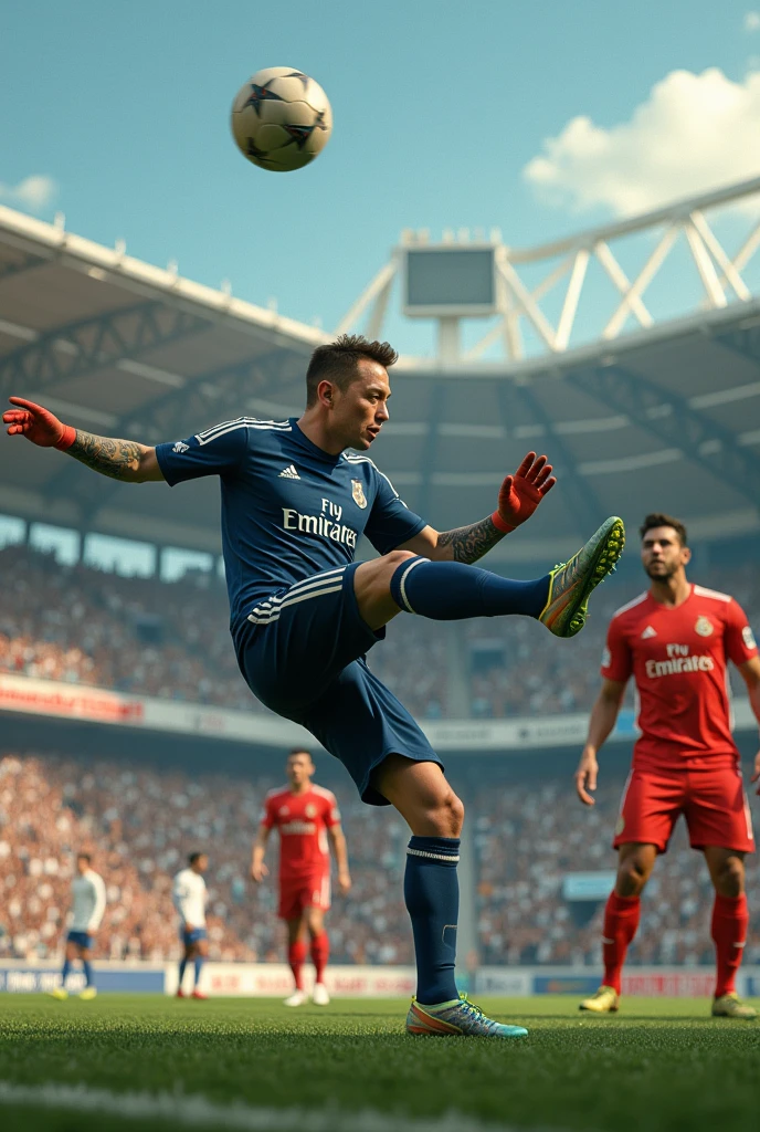 An image of Elon Musk scoring a bicycle kick past Buffon, with Messi and Cristiano in the background, surprised, in the Madrid stadium, and Ronaldinho dancing samba in the background.

