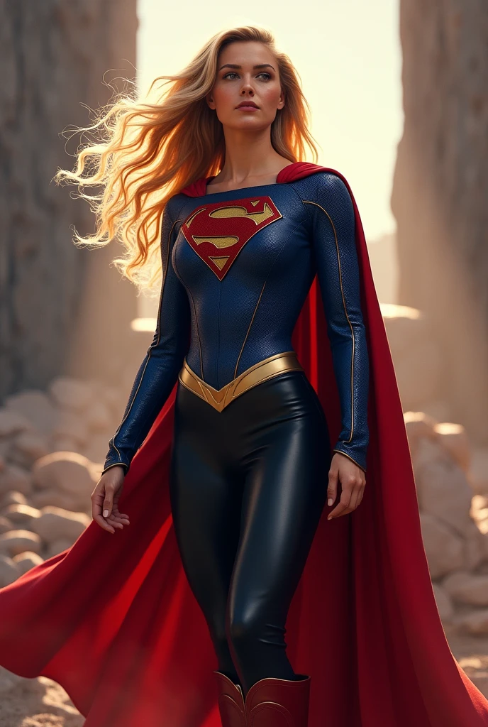 A beautiful woman with long blonde hair wearing the costume of Kryptonian Kara Zor-El aka Supergirl. Blue and red leather jacket, red corset with Superman emblem on her chest, black leather pants, red knee-high boots. 