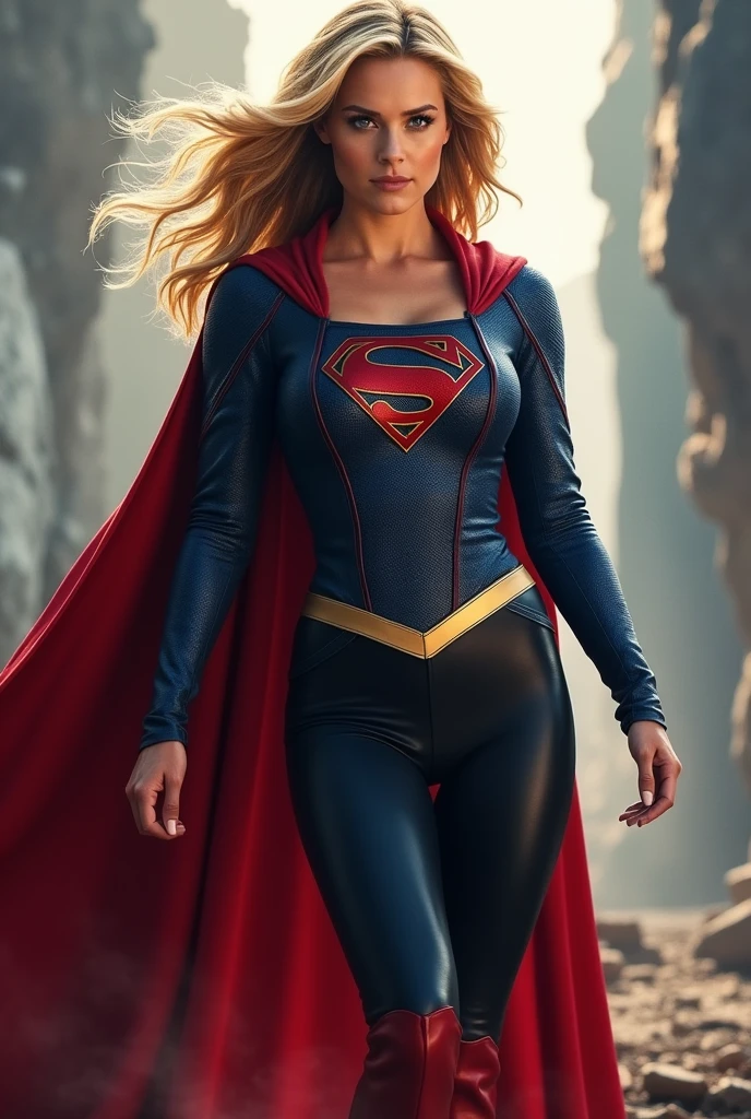 A beautiful woman with long blonde hair wearing the costume of Kryptonian Kara Zor-El aka Supergirl. Blue and red leather jacket, red corset with Superman emblem on her chest, black leather pants, red knee-high boots.