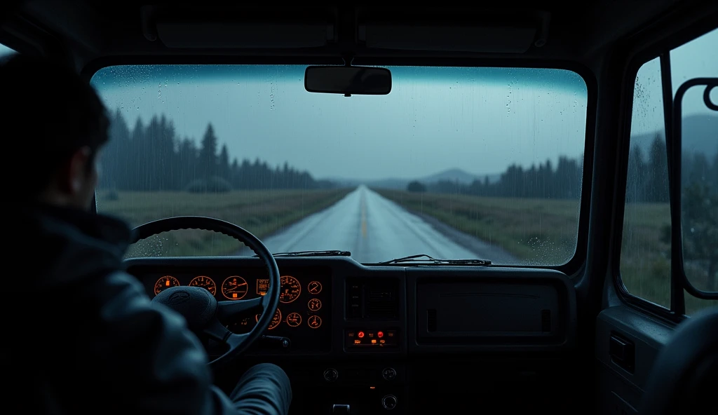 cabin of a truck, seen from inside, outside it is raining and dark, and a long road ahead