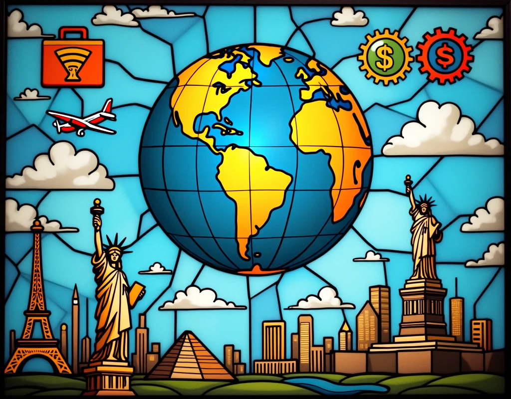 Stained glass concept. A small globe in the center , connect countries with white lines. Surround globe by floating objects:1 plane , 3 connected gears , 2 suitcase , money (dollar,peso,euro,yen) , wifi symbol, socialmedia icons. At the bottome are the eiffel tower , statue of liberty , pyramid , and buildings and structures.   Fit to screen. 
