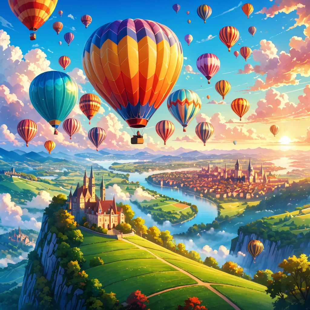 "Create a wallpaper featuring a couple in a hot air balloon, soaring above a scenic landscape. The design should include a colorful balloon with a panoramic view of rolling hills or a cityscape below. Use vibrant colors and a whimsical style to capture the sense of adventure and romance."

High resolution, masterpiece, accurate, bestquality, High detail, high quality, Very detailed, dark,longhairVery detailed, Ultra high definition, 