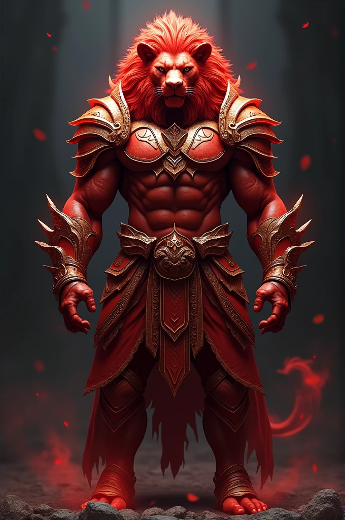 Create an image of a crimson red warrior lion, standing with a muscular human body, wearing armor