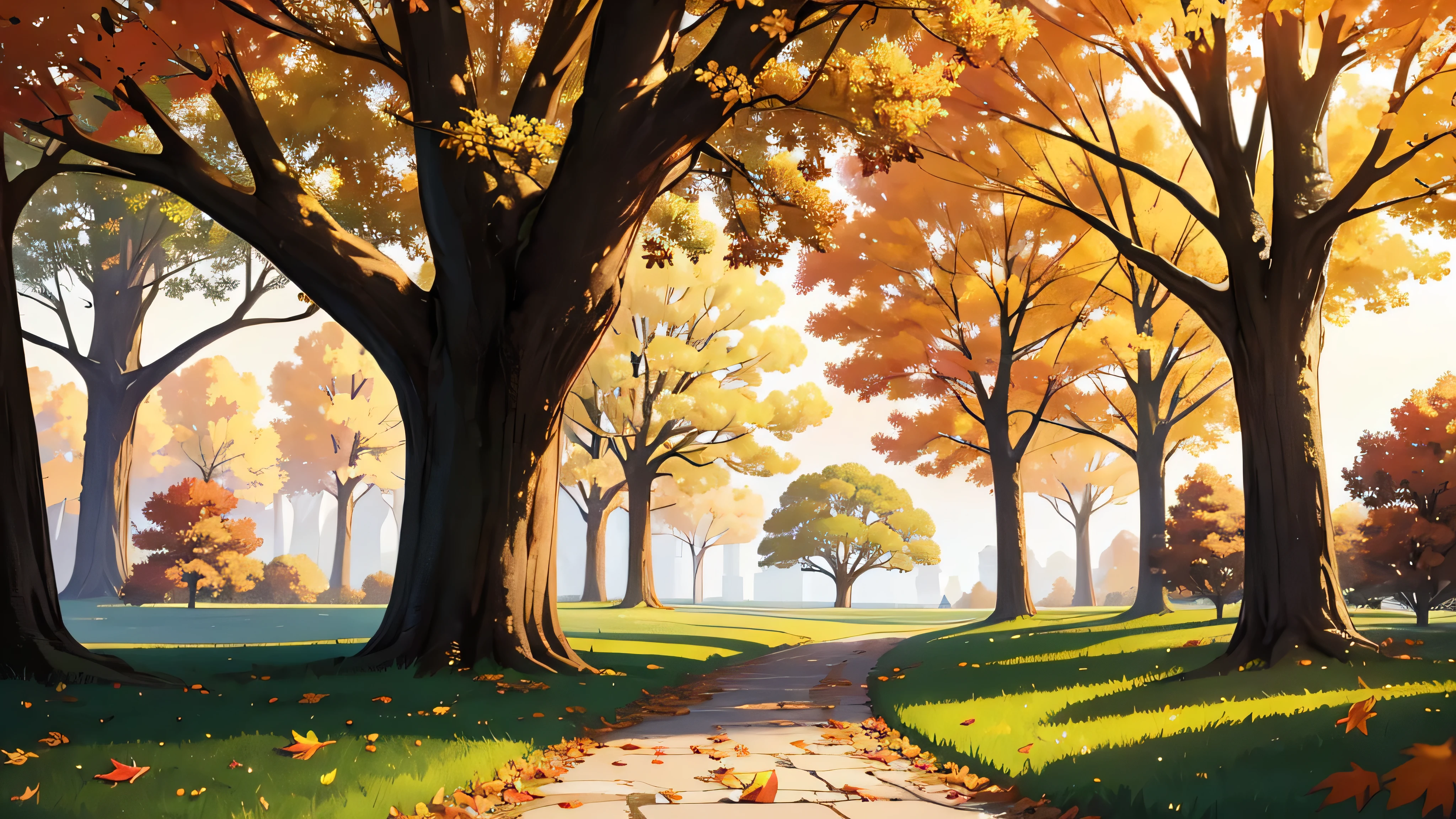 A serene autumn park at sunset, with a large, ancient oak tree standing prominently at the center. The tree's wide, sprawling branches are partially bare, with golden and orange leaves gently falling and covering the ground below. Beneath the oak tree, an old, weathered wooden bench sits, slightly worn from years of use, facing a winding stone path that meanders through the park. The path is lightly dusted with fallen leaves, leading towards a horizon where the last rays of the sun create a soft, golden glow. In the background, distant trees and low hills are bathed in the warm light of the setting sun, adding depth to the peaceful landscape. The entire scene is quiet and still, with no one around, perfectly capturing the natural beauty of the park in autumn.
