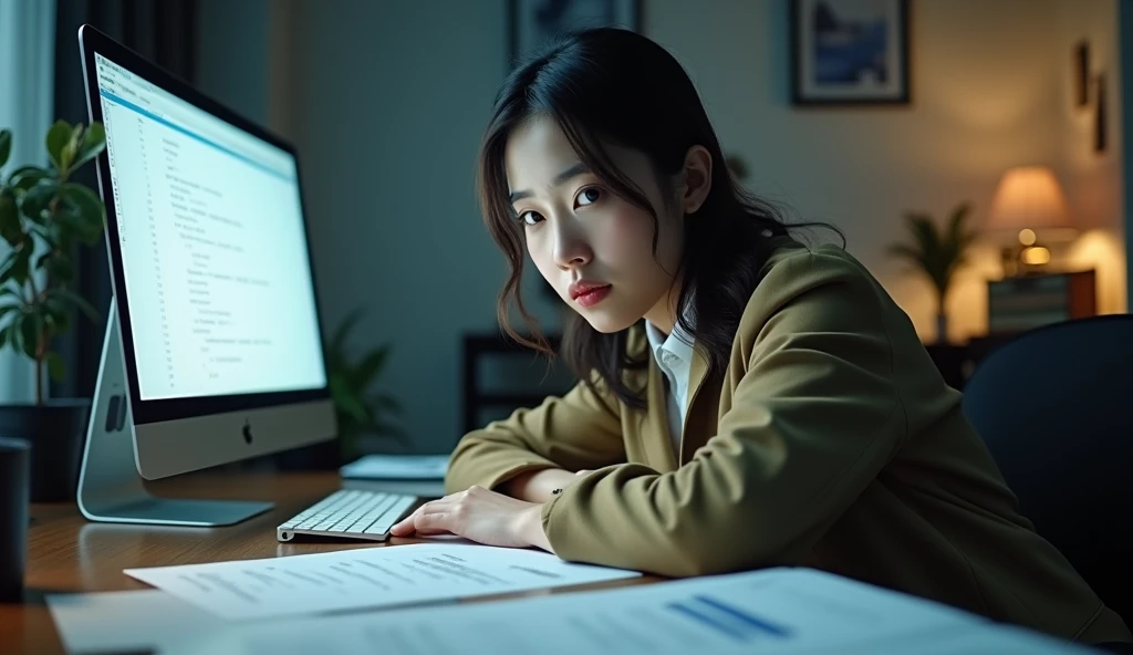 portrait of Park Min Young, sitting at a desk with a computer and many documents on it, professional image, professional picture, high quality portrait, photo portrait, an epic non - binary model, professional portrait, photo still, color portrait, creative coder with a computer, cinematic lens , photography , her face is grimace, looking at documents, daylight, 