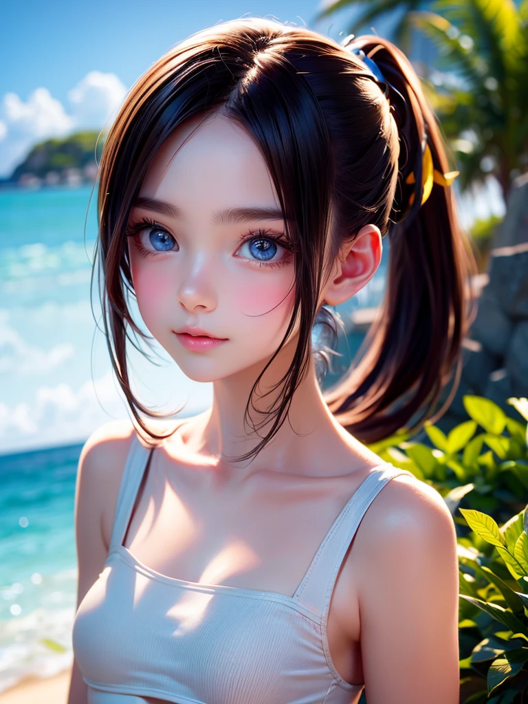 One Girl，(1人のとてもcute:1.3)，masterpiece，Highest quality，High resolution，From below，Low - Angle，Photorealistic，RAW Photos，Ray Tracing，Physically Based Rendering，beautiful girl，(15 years old:1.3)，cute，Big eyes，(detailed pupils:1.2)，(The face is facing straight ahead:1.3)，Body facing forward，Beautiful nose，High nose，Upturned nose，Fuller lips，Short black hair，ponytail，short hair，Detailed eyelashes，Thin eyebrows，Very fine grain definition，(Symmetrical eyes，Golden Ratio:1.3)，(Face close-up，Face Focus:1.0)，Small breasts，Short neck，White swimsuit，White Bikini，Ocean，Southern Island，Blue sky，White cloud，Portrait，View Viewer，Upper Body，Cinema Lighting，High resolution，Very detailed