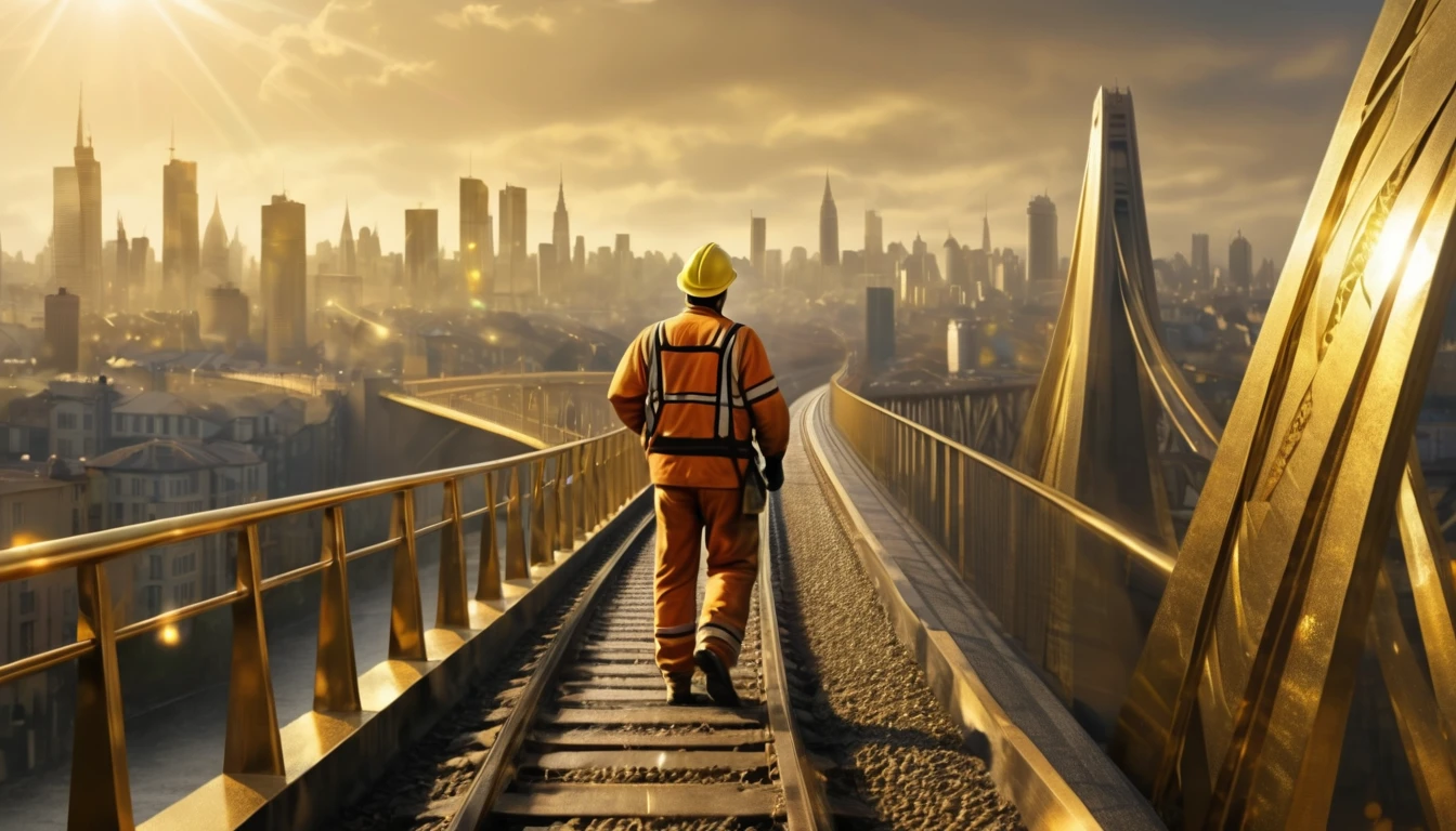 railway，Worker，bridge，City，Emboss effect，Gold relief，concavo-convex，undulating，Strong contrast，HD，8K
