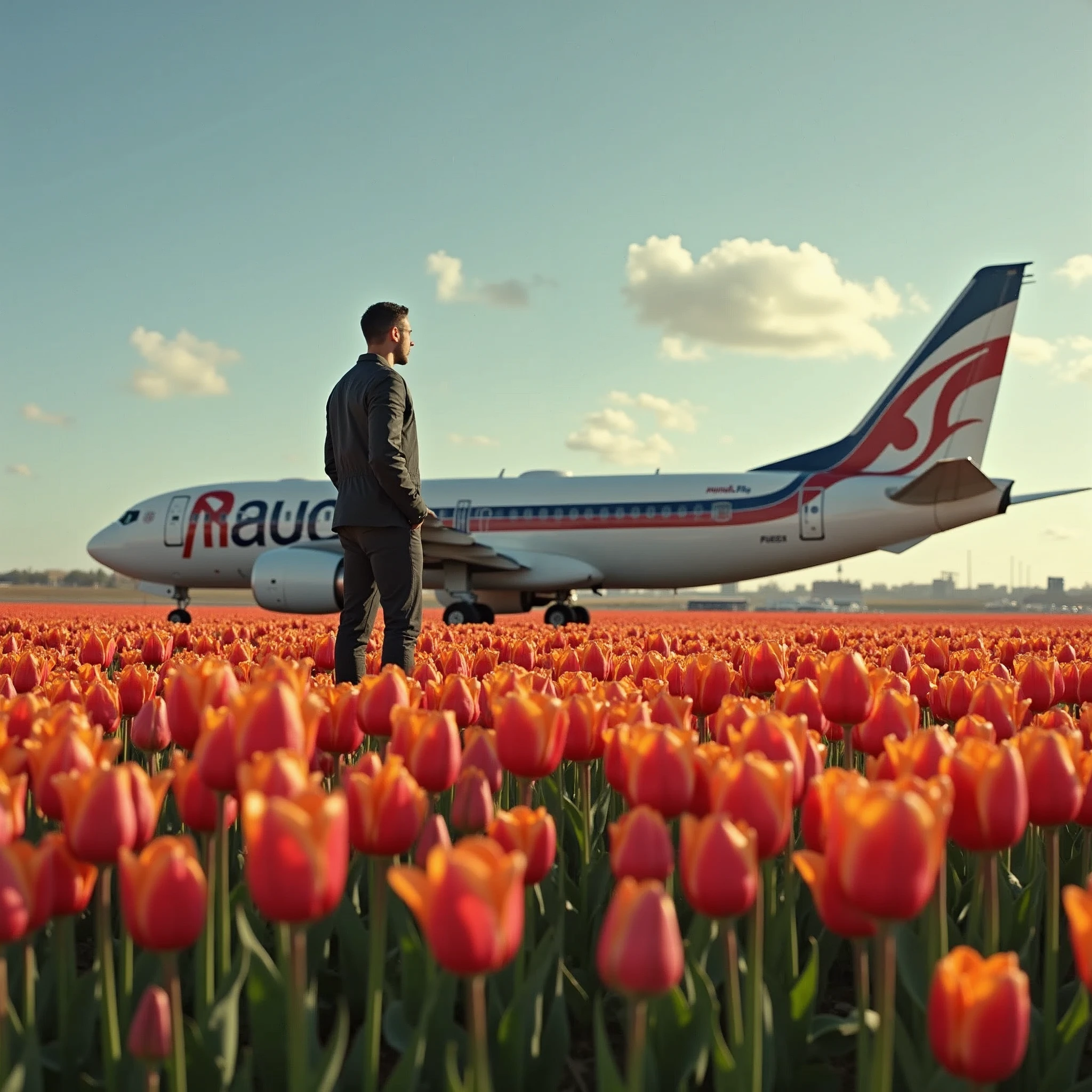 Man, airplane, tulip