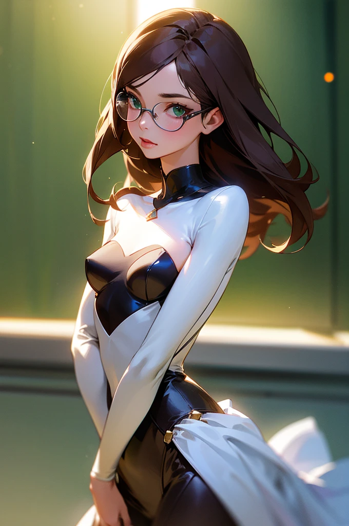 a 22 year old attractive slim student girl, figure, hourglass shape, small breasts, wearing a conservative dress, wears glasses, beautiful face, doe-eyes, brown hair, green eyes, miniature nose, soft lighting, high quality, 8k, ultra-detailed, realistic, photorealistic, physically-based rendering, extreme detail, professional, vivid colors, bokeh, portrait