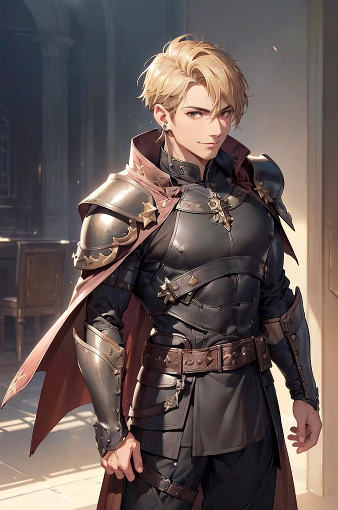 (((masterpiece; best quality: 1.2))), (detailed eyes: 1.3), ((1 young man)), ((solo)), (brown eyes: 1.4), (body shape; lean, masculine, manly face: 1.3), (short blond hair: 1.3), (clear background: 1.2), ((depth of field)), (equipment: masculine adventurer garb + light leather armor + black tunic + black cape +black stud earring: 1.3), (anime illustration: 1.2), (background composition; fantasy tavern interior + furniture: 1.1), (handsome: 1.1), (shot composition; standing + centered on face + bust close-up: 1.5), (facial expression; calm + smile: 1.2)