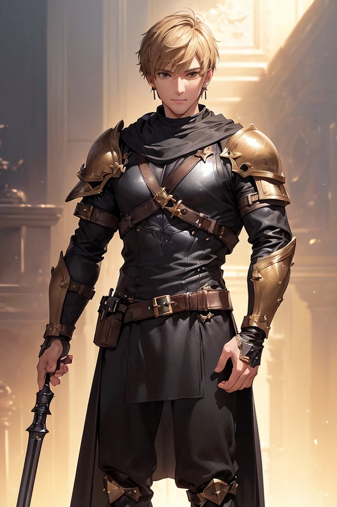 (((masterpiece; best quality: 1.2))), (detailed eyes: 1.3), ((1 young man)), ((solo)), (brown eyes: 1.4), (body shape; lean, masculine, manly face: 1.3), (short blond hair: 1.3), (clear background: 1.2), ((depth of field)), (equipment: masculine adventurer garb + light leather armor + black tunic + black cape +black stud earring: 1.3), (anime illustration: 1.2), (background composition; fantasy tavern interior + furniture: 1.1), (handsome: 1.1), (shot composition; standing + centered on face + bust close-up: 1.5), (facial expression; calm + smile: 1.2)
