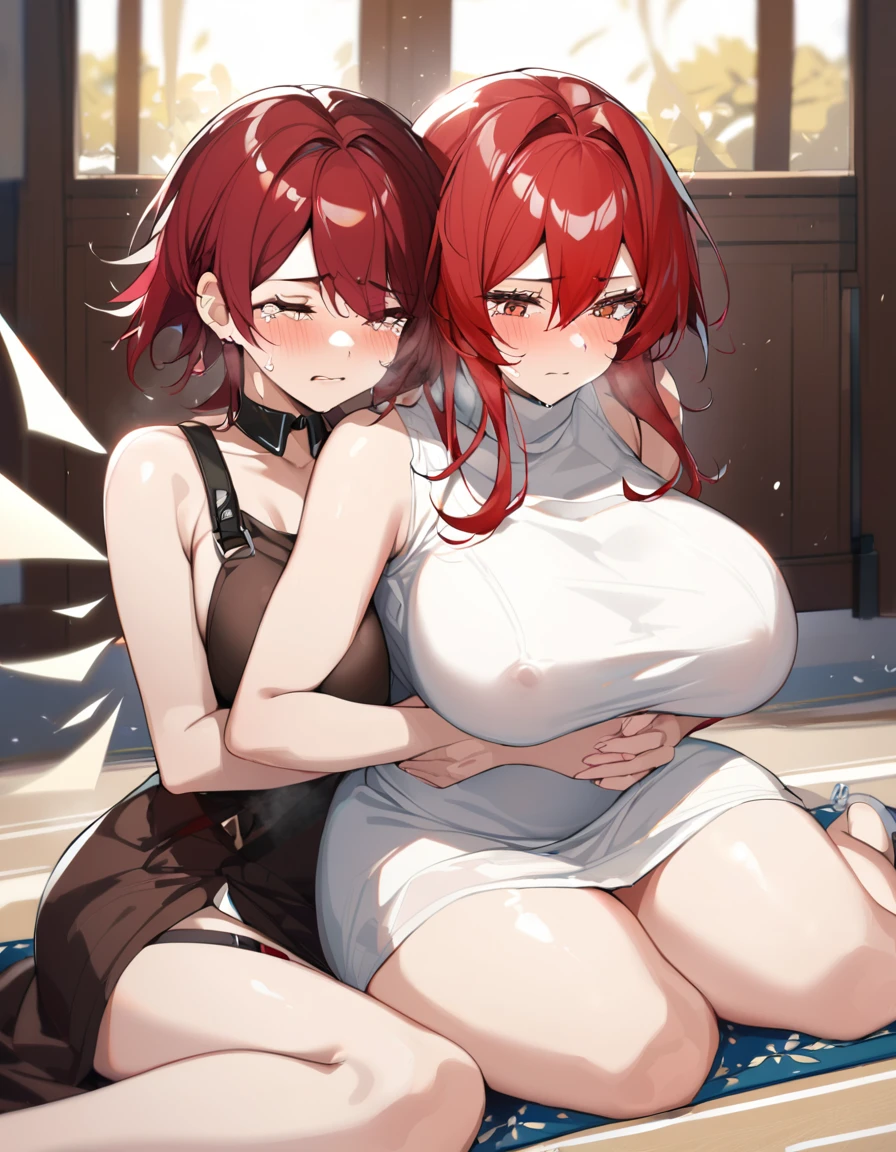 2women,Surtr(Arknights),Exusiai(Arknights),red hair,curvy body,wearing Muslim clothes(Surtr),big breast,nsfw,praying in bedroom, hugging Exusiai,red hair, wearing white dress(Exusiai,sitting on a prayer mat,crying,nsfw